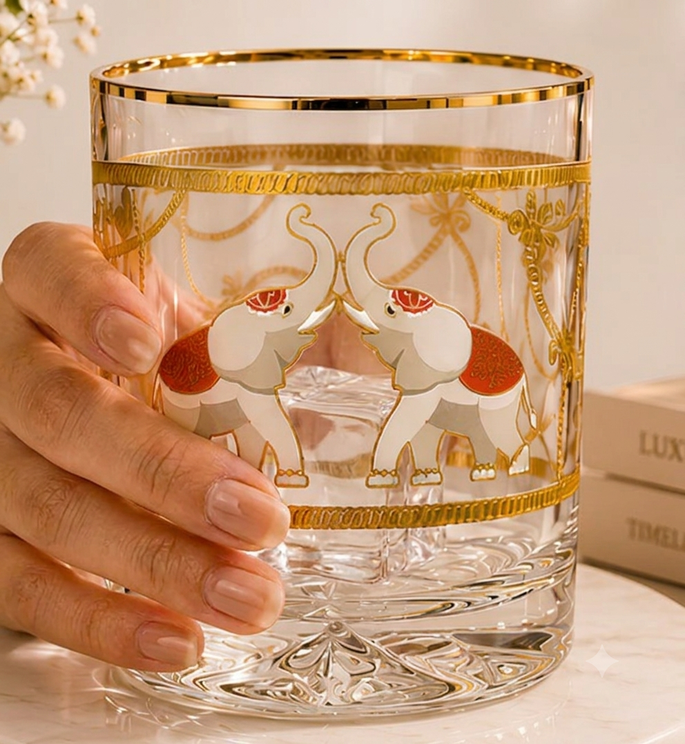 Crystal Maharaja Elephant Whiskey Glass - Gold Plated - Set of 6 (Leather Gift Box)