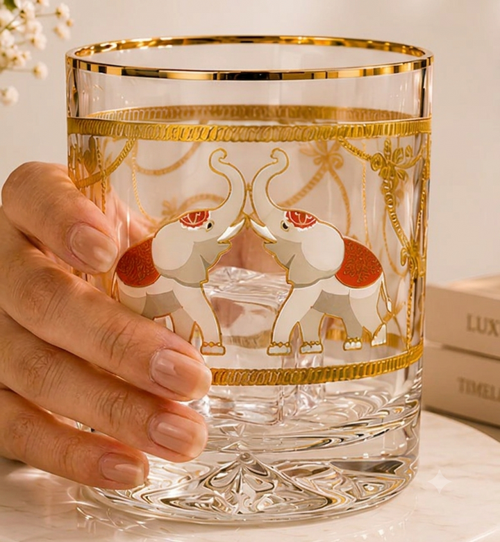 Crystal Maharaja Elephant Whiskey Glass - Gold Plated - Set of 6 (Leather Gift Box)
