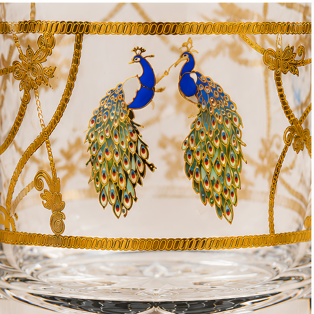 Premium Italian crystal whiskey tumbler featuring elegant gold peacock artwork