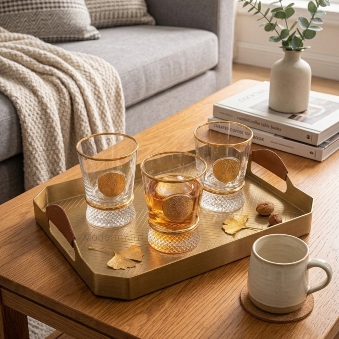 Elegant crystal drinking glass with luxury gold detailing