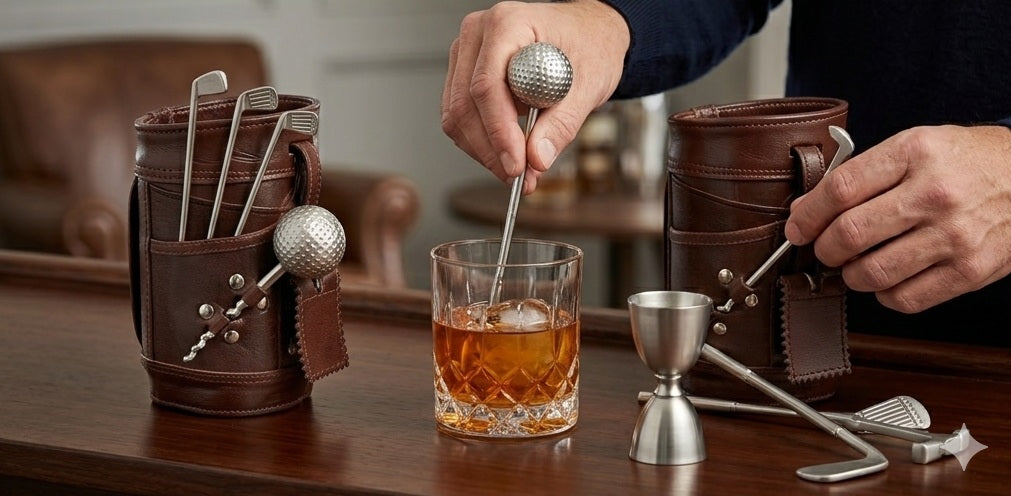 Premium golf gift set displayed in luxury home bar setting for whiskey enthusiasts