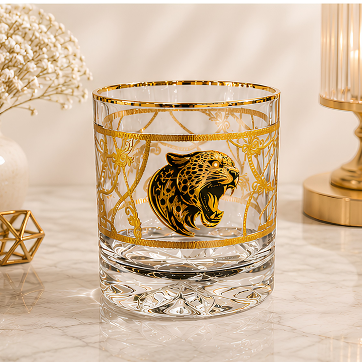 Luxury whiskey glass set with handcrafted jaguar design in premium leather gift box
