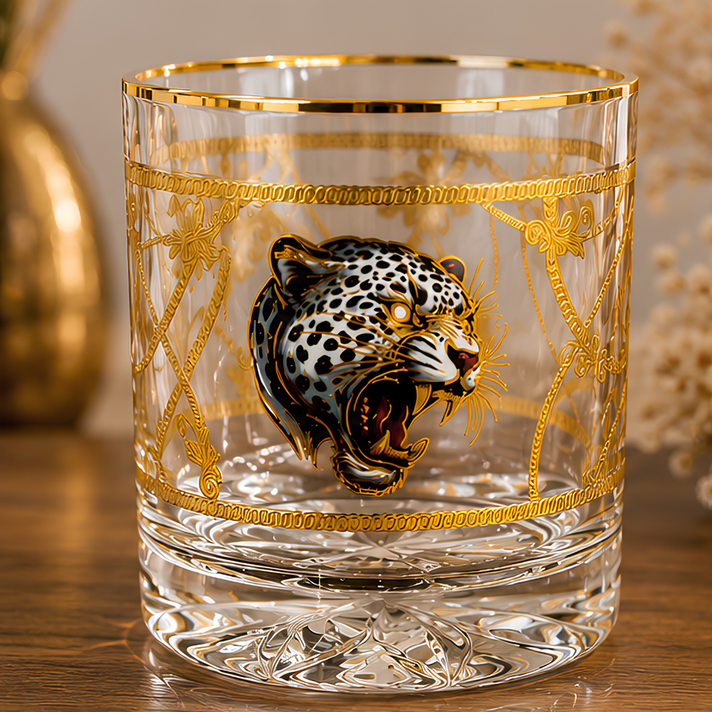 Premium Italian crystal whiskey tumbler featuring elegant gold leopard artwork