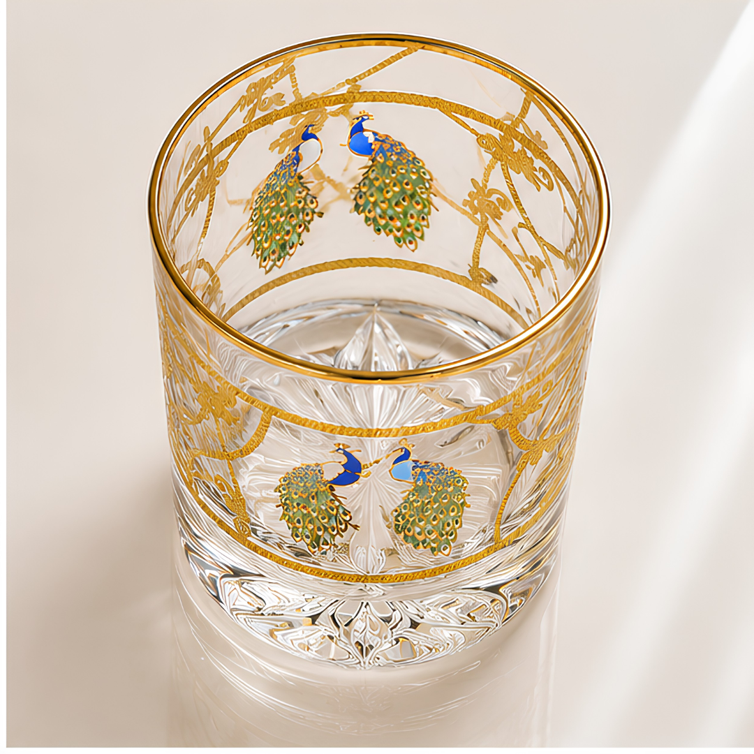 Luxury lead-free crystal whiskey glass with handcrafted peacock detailing