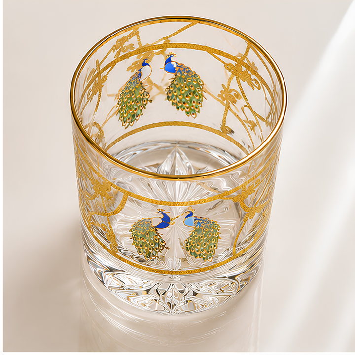 Luxury lead-free crystal whiskey glass with handcrafted peacock detailing