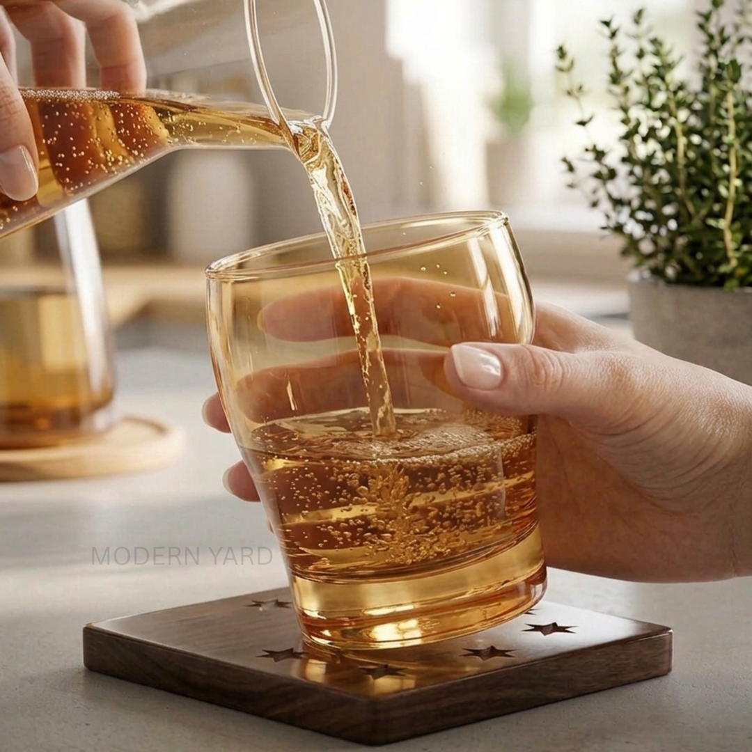 Luxury Italian crystal whiskey glass with warm golden tint and modern design