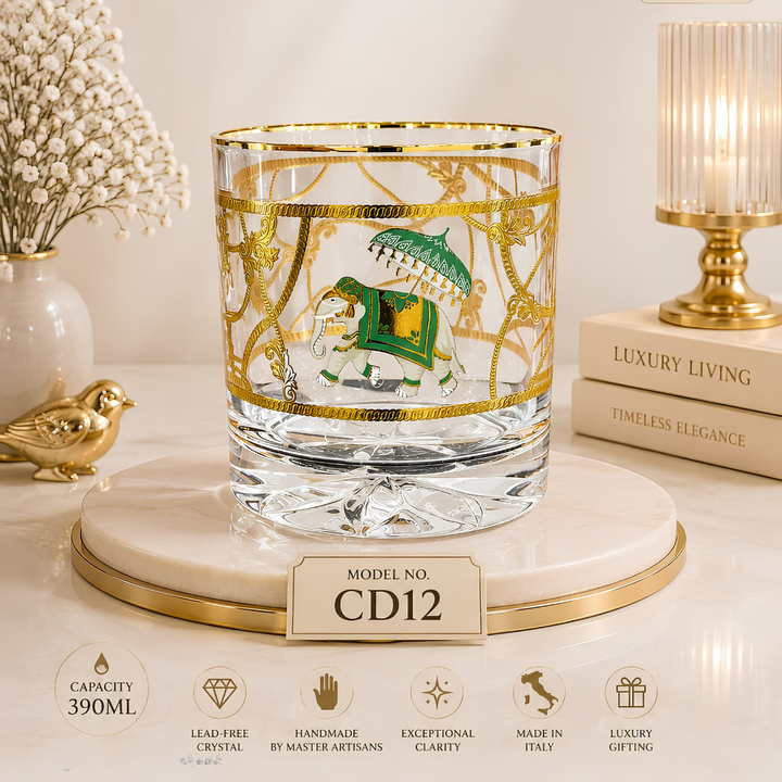 Modern Yard crystal whiskey glass set featuring handcrafted gold elephant design