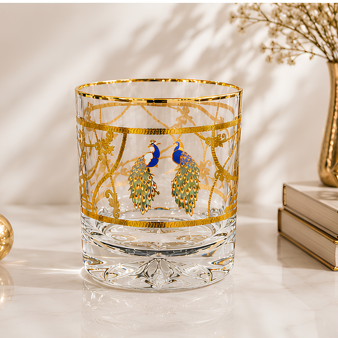 Handmade Italian crystal whiskey glass with gold-plated peacock motif in leather gift box