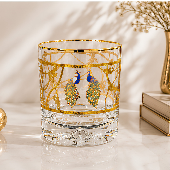 Handmade Italian crystal whiskey glass with gold-plated peacock motif in leather gift box