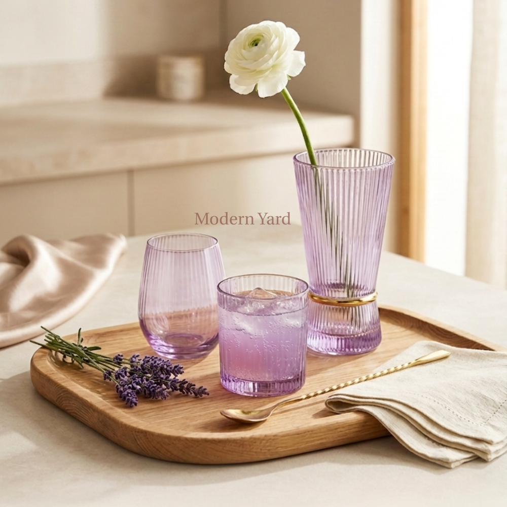 Front view of Korean Luxe Pink Ribbed Glass with Gold Ring – elegant blush pink tumbler set by Modern Yard