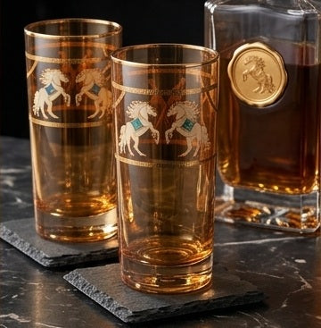 Imperial Horse 24k Gold-Rimmed Crystal Highball Glass | Set of 6 | Suitcase Gift Box
