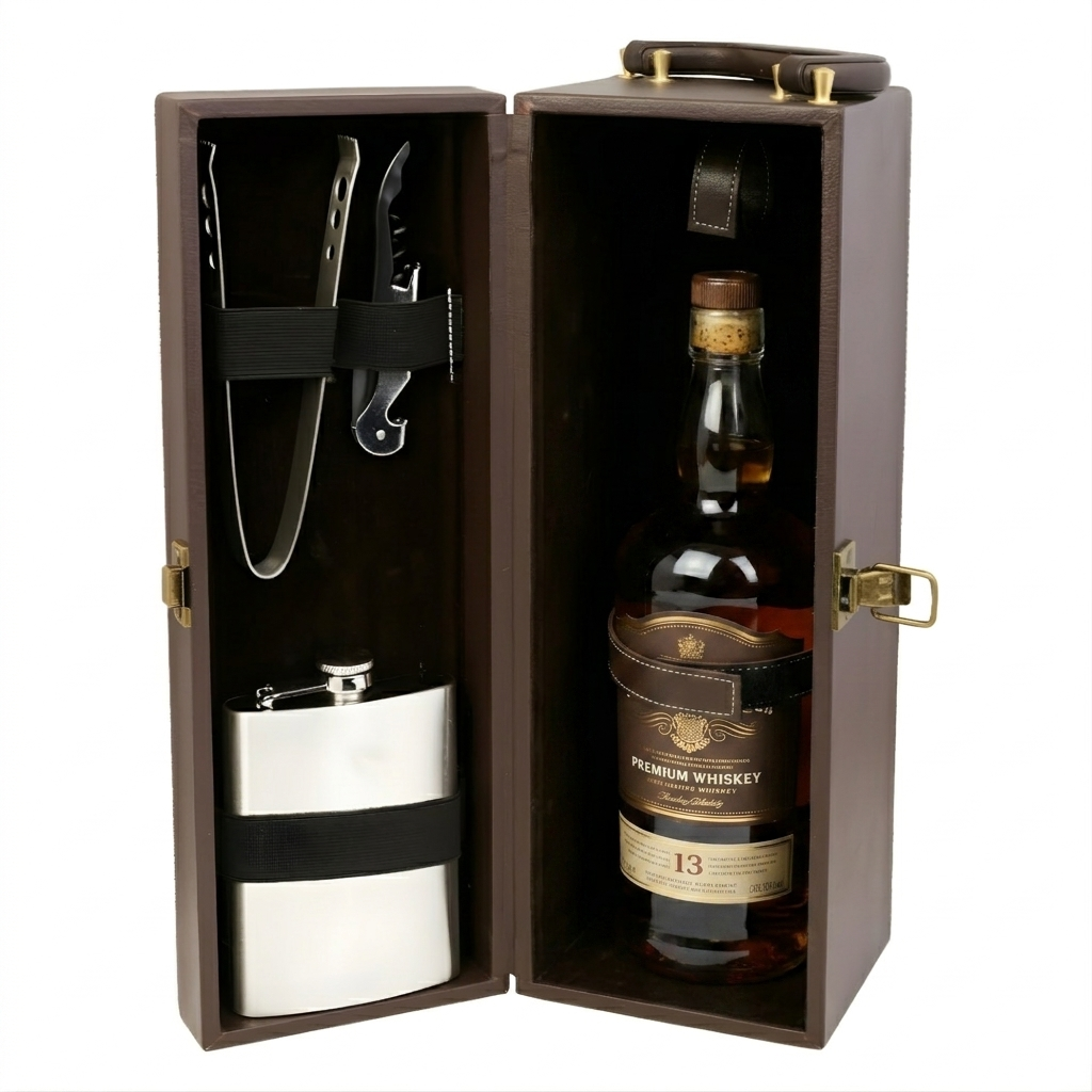 Luxury whiskey gift box with bottle compartment flask funnel and corkscrew accessories