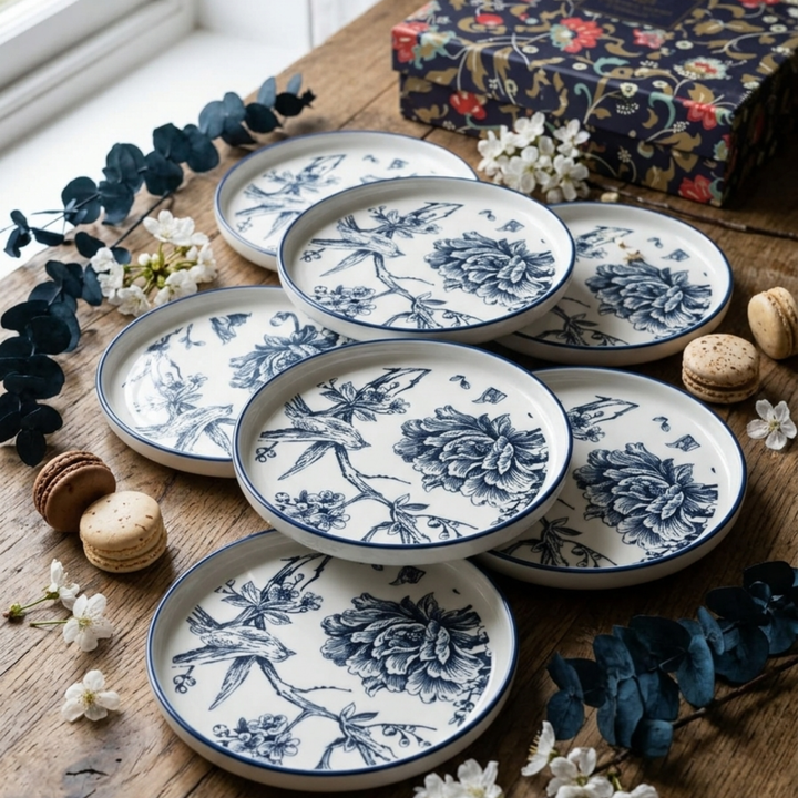 Azure Blossom Designer Quarter Plates (Set of 6) - Imported Bone China
