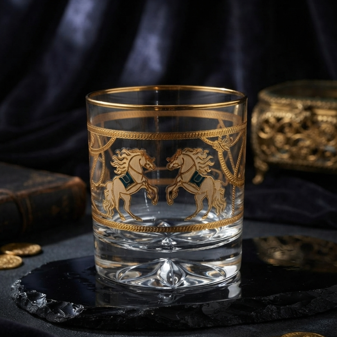 Pegasus 24k Gold-Rimmed Designer Whiskey Glasses | Set of 6 | Suitcase Gift Box