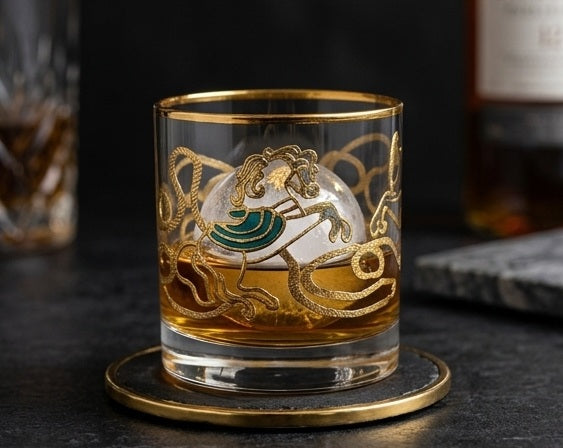 Front view of Modern Yard Pegasus crystal whiskey glass with 24k gold rim