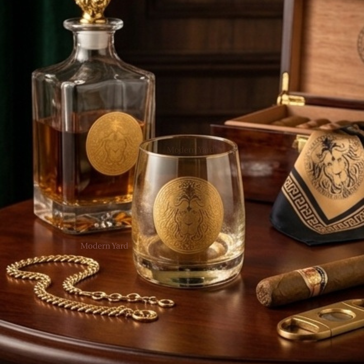 Luxury crystal scotch tumblers with royal lion gold detailing ideal for whiskey, bourbon and cocktail serving.