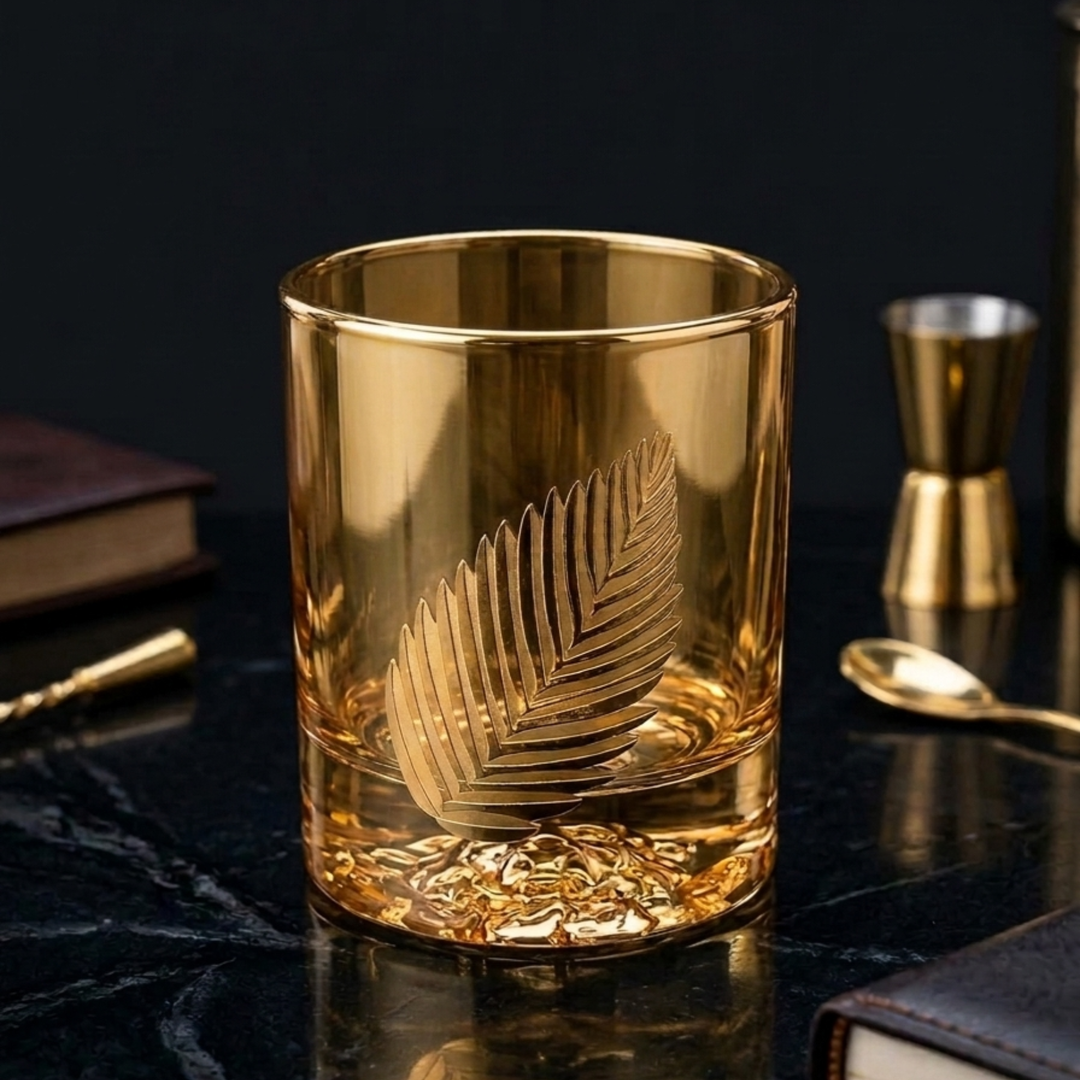 Royal Leaf Lion Gold whiskey glasses displayed in a luxury home bar setup