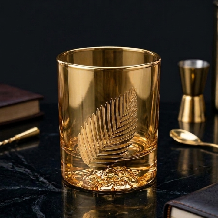 Royal Leaf Lion Gold whiskey glasses displayed in a luxury home bar setup