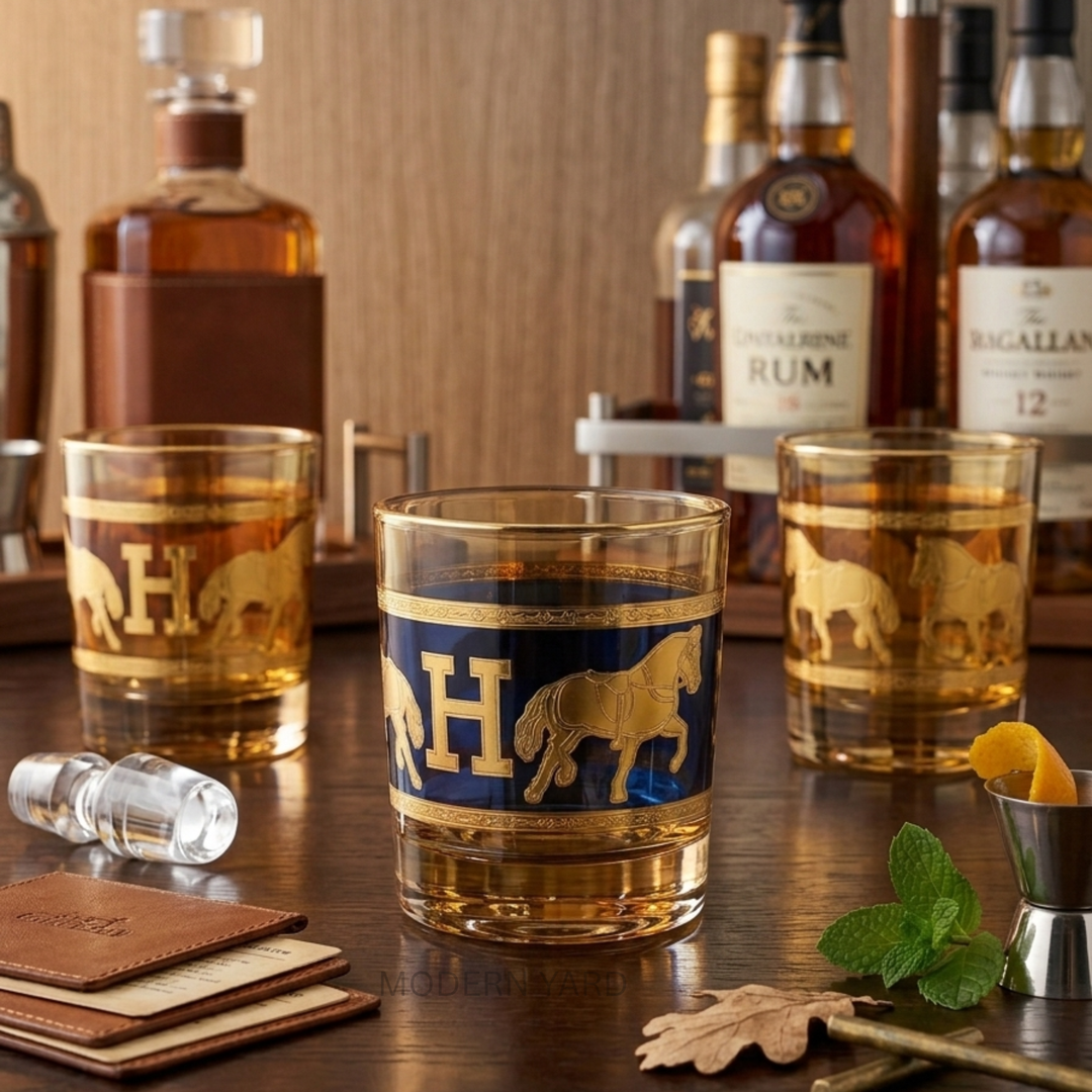 Premium equestrian-inspired whiskey glass with gold detailing