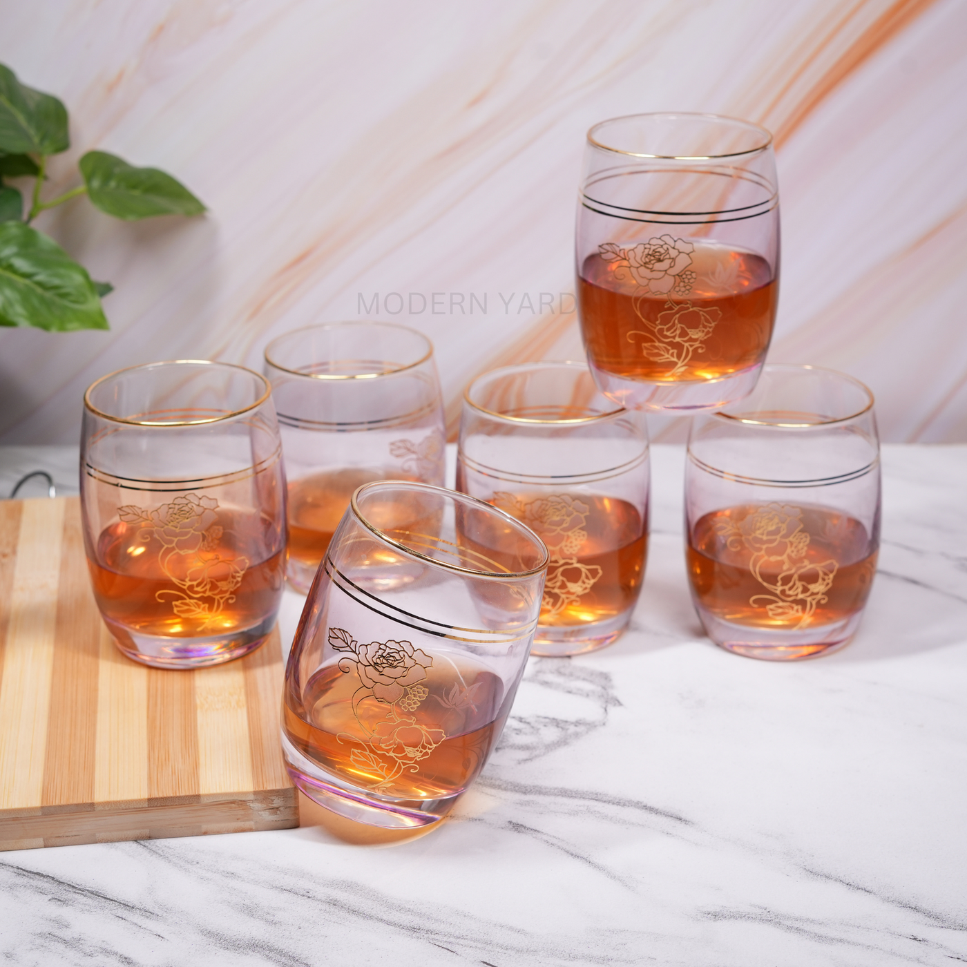 Flora Pink Golden Line Glasses (Set of 6)