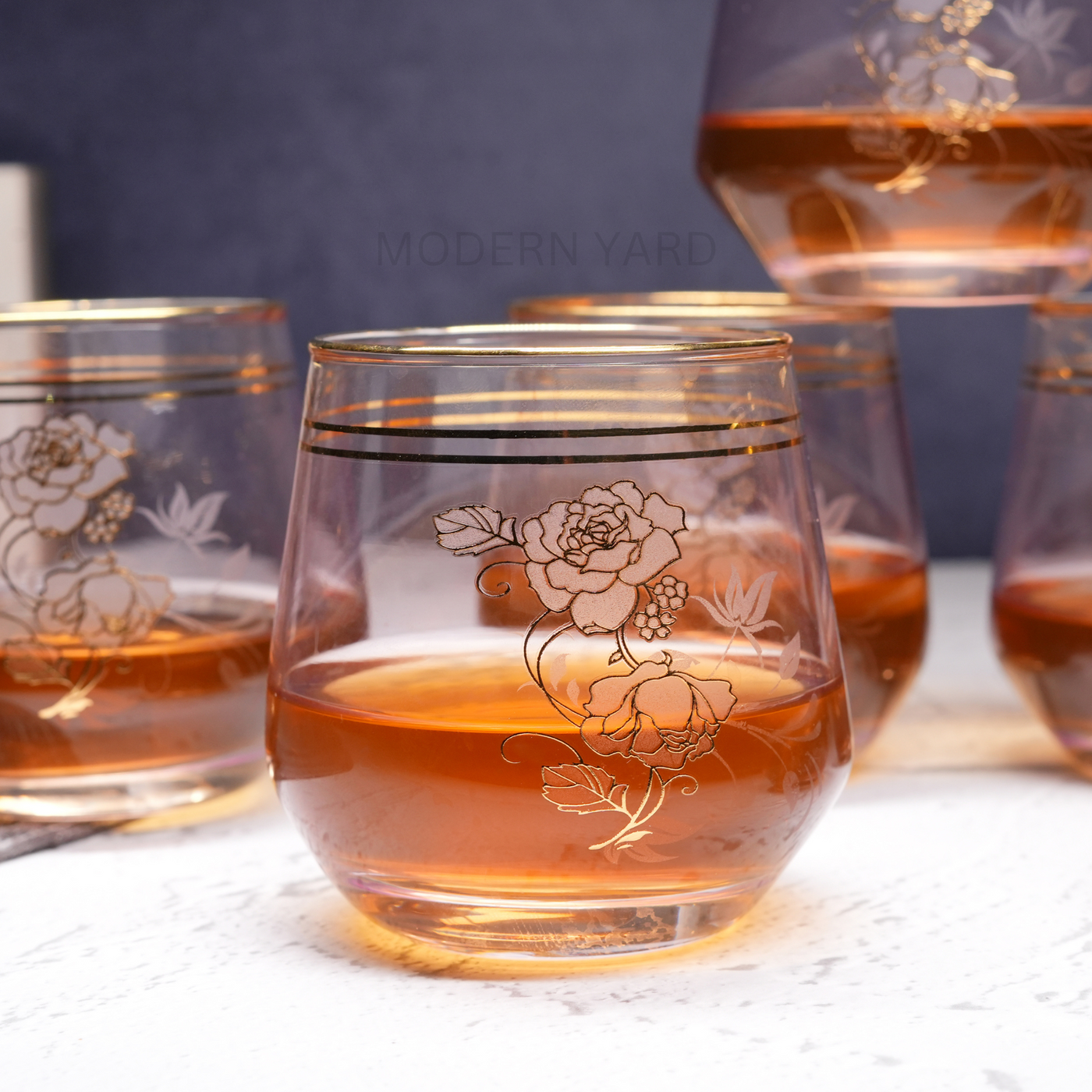 Flora Pink Golden Line Glasses (Set of 6)