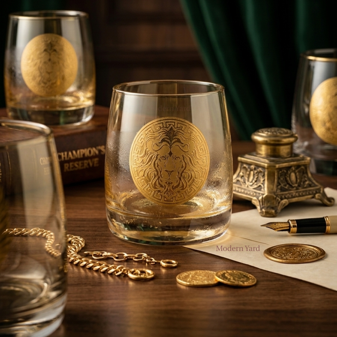 Premium Bohemian crystal whiskey glasses set featuring elegant gold lion engraving and luxury barware styling.