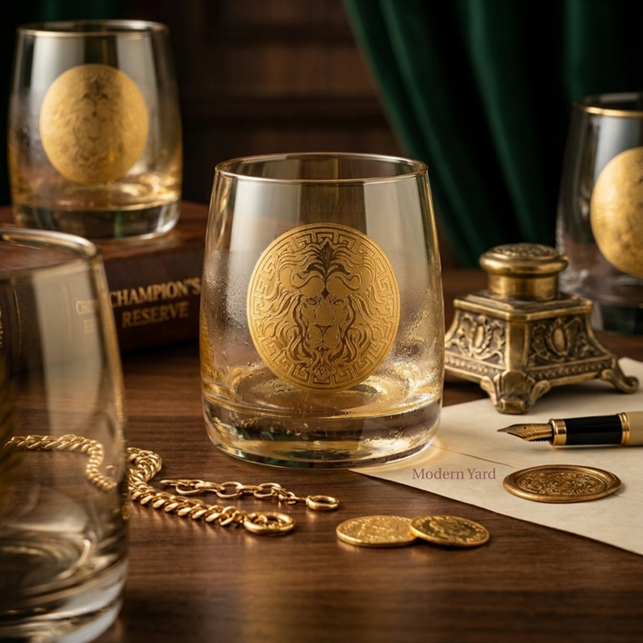 Premium Bohemian crystal whiskey glasses set featuring elegant gold lion engraving and luxury barware styling.