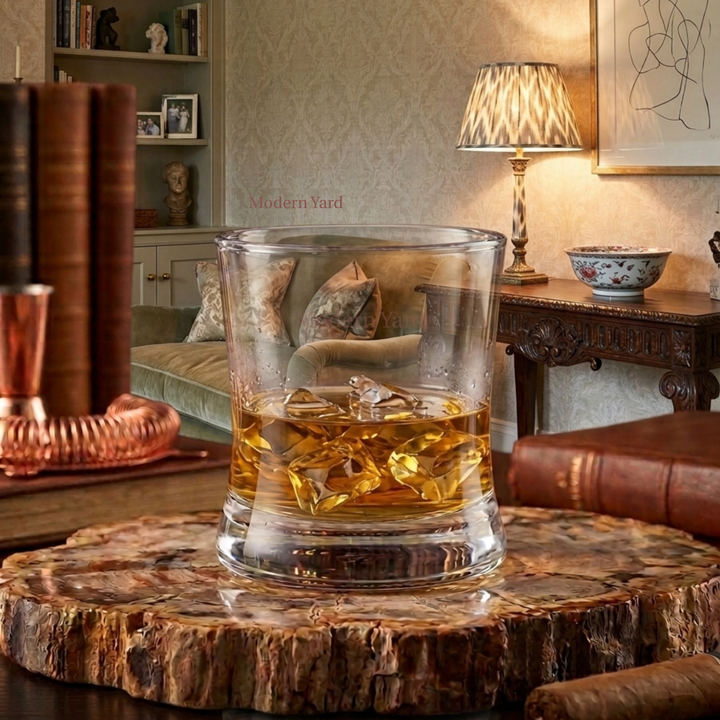 Premium Italian crystal whiskey tumbler with modern heavy base design for scotch, bourbon and cocktails by Modern Yard.
