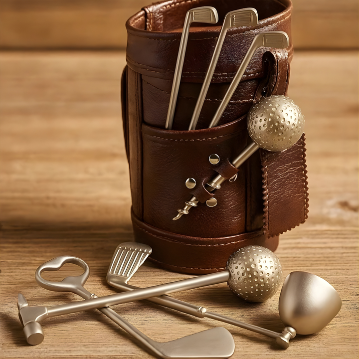 Golf bar tool kit with leather golf bag and golf club shaped bar accessories for home bar and gifting
