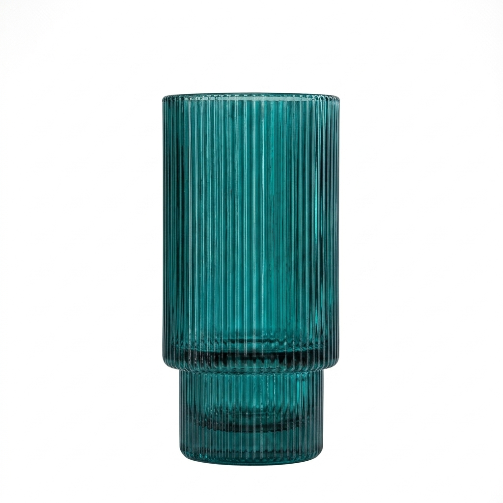 Tall aqua blue fluted glass with minimalist Korean aesthetic and ribbed texture