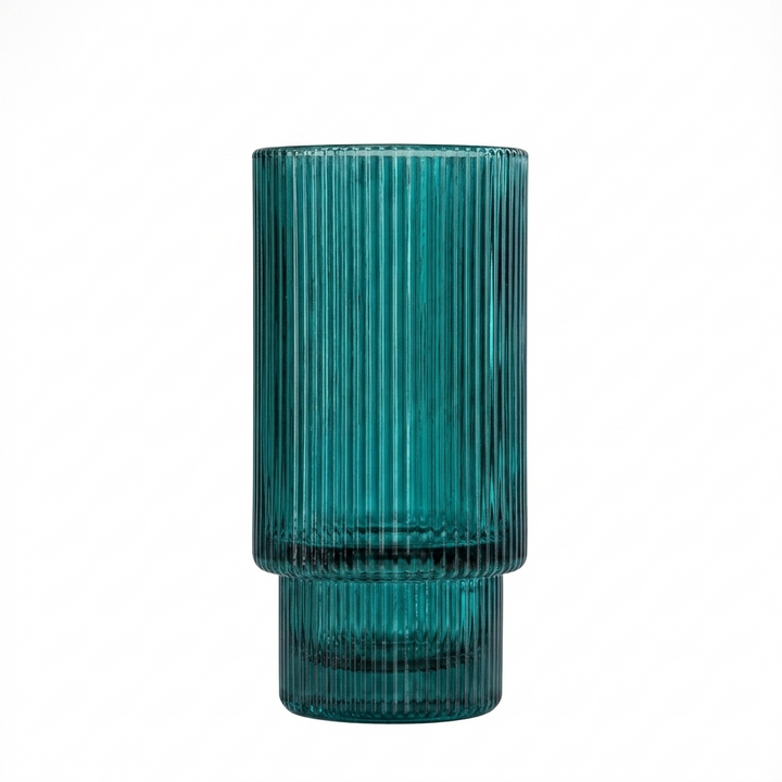 Tall aqua blue fluted glass with minimalist Korean aesthetic and ribbed texture