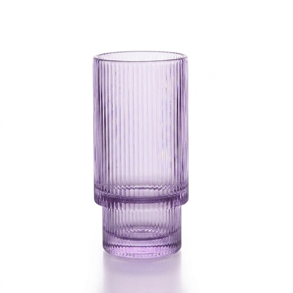 Tall aqua purple fluted glass with minimalist Korean aesthetic and ribbed texture