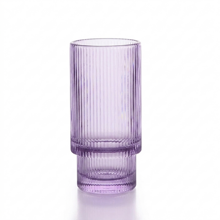 Tall aqua purple fluted glass with minimalist Korean aesthetic and ribbed texture