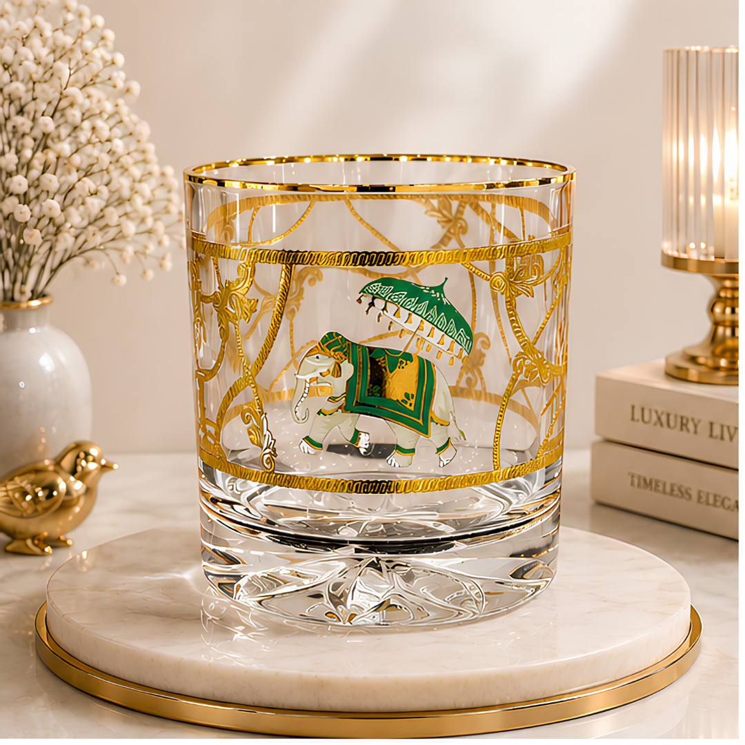Crystal Royal Elephant Whiskey Glass 390 ML with gold-plated elephant design by Modern Yard