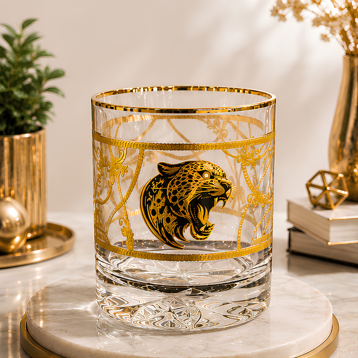 Modern Yard Crystal Jaguar Whiskey Glass with 24K gold-plated roaring jaguar design