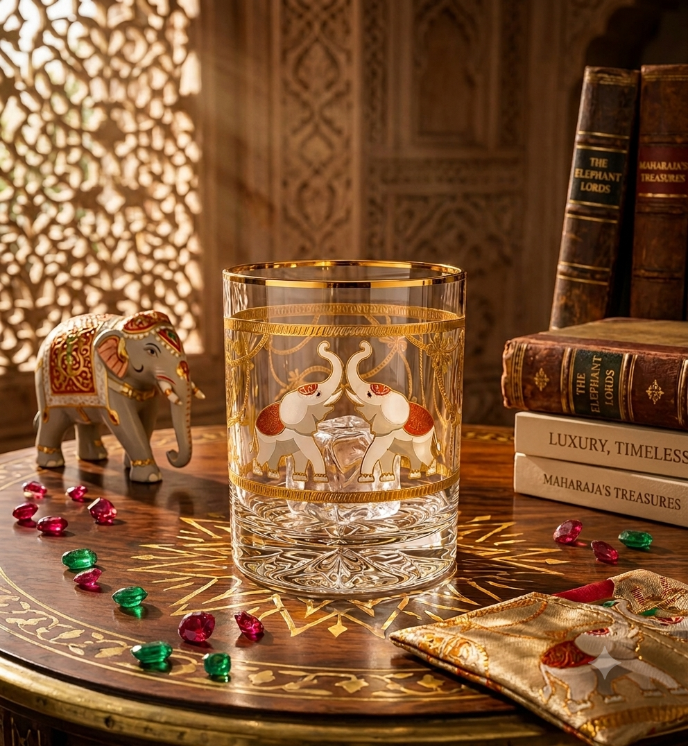 Crystal Maharaja Elephant Whiskey Glass - Gold Plated - Set of 6 (Leather Gift Box)