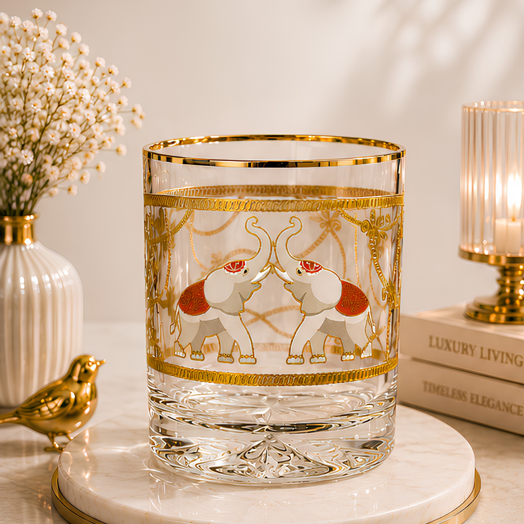 Crystal Maharaja Elephant Whiskey Glass - Gold Plated - Set of 6 (Leather Gift Box)