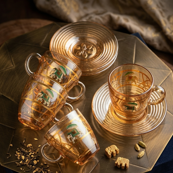 Royal elephant crystal tea cup set with matching saucers
