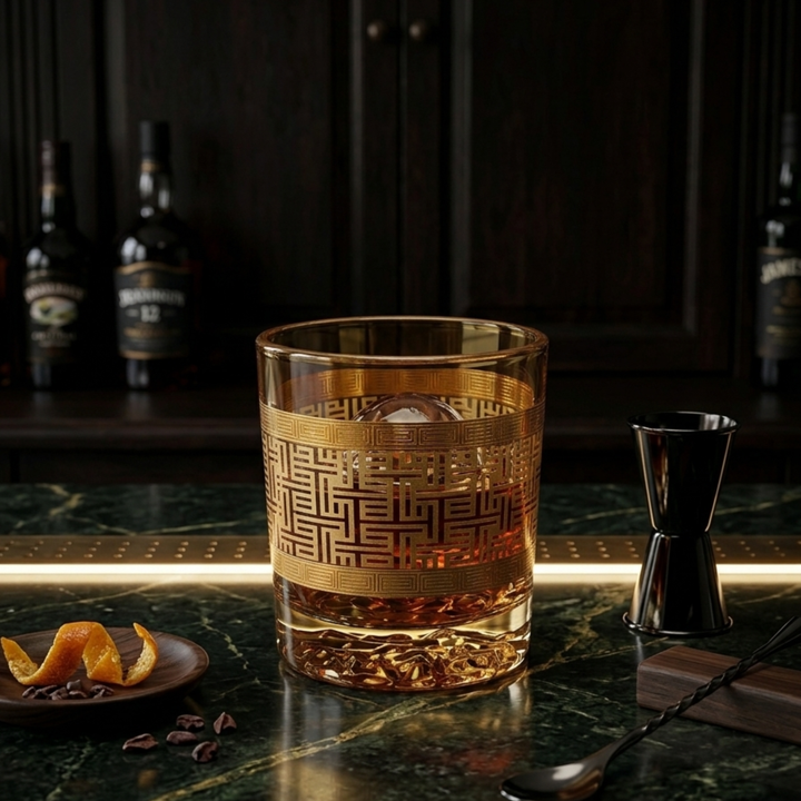 Elegant gold crystal glass suitable for whiskey, cocktails, rum, bourbon and premium beverages