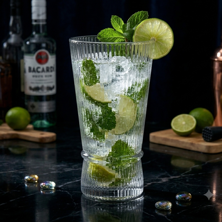 Premium ribbed highball glass set for cocktails and water