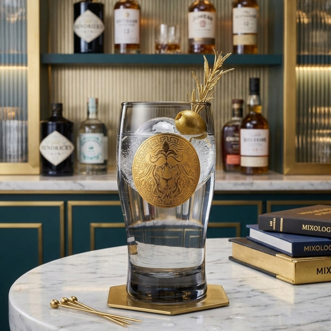Luxury smoky highball glass featuring an elegant gold lion crest design