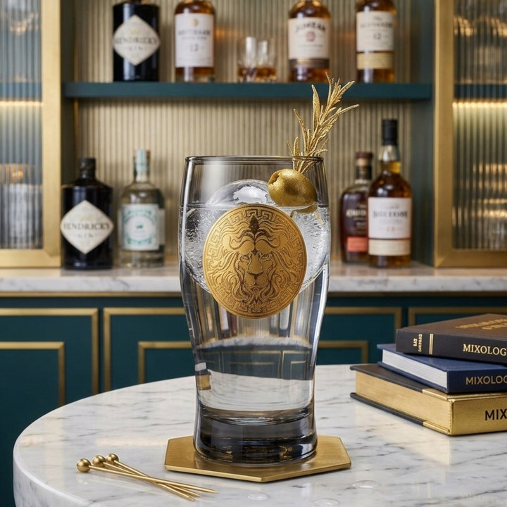 Luxury smoky highball glass featuring an elegant gold lion crest design