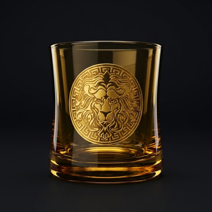 Premium whiskey glass with elegant gold lion design for bourbon and scotch enthusiasts