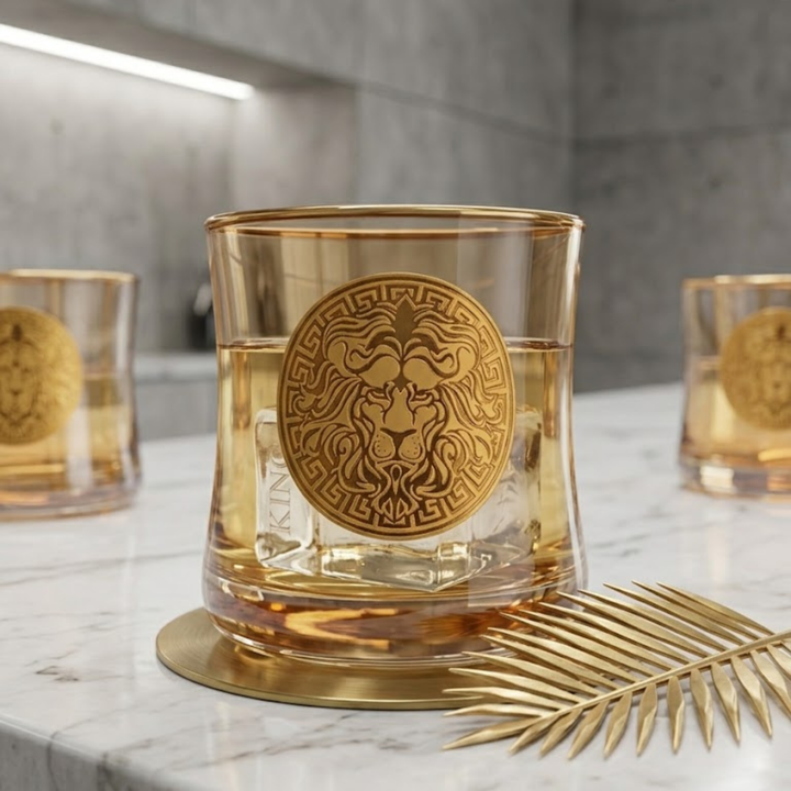 Luxury crystal whiskey tumbler featuring a premium gold lion emblem and Turkish craftsmanship