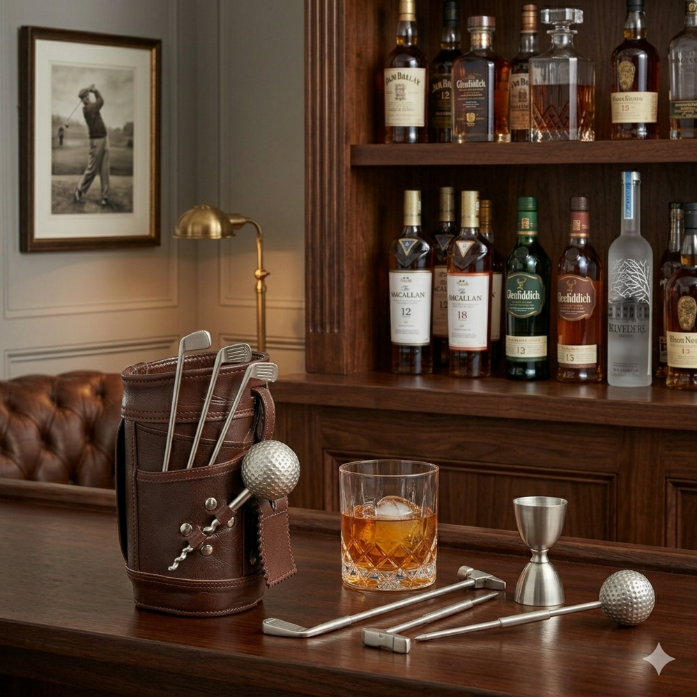 Golf themed bar tool set with bottle opener stirrer and cocktail accessories for golf lovers