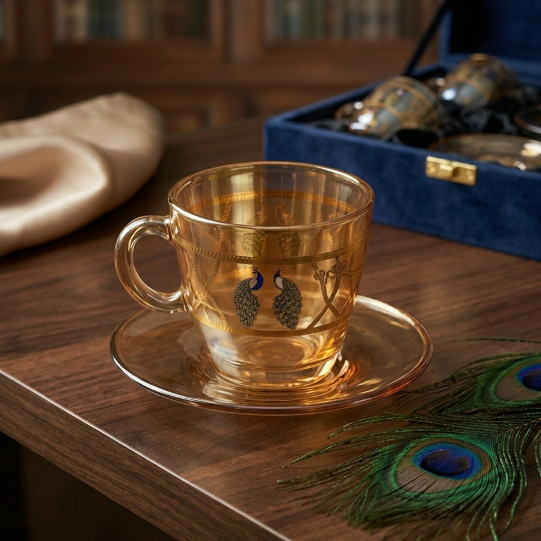 Imperial Peacock Crystal Cup Saucer 230 ML Set of 6 with Leather Gift Box by Modern Yard
