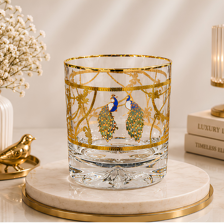 Modern Yard Imperial Peacock crystal whiskey glass with 24K gold-plated peacock design