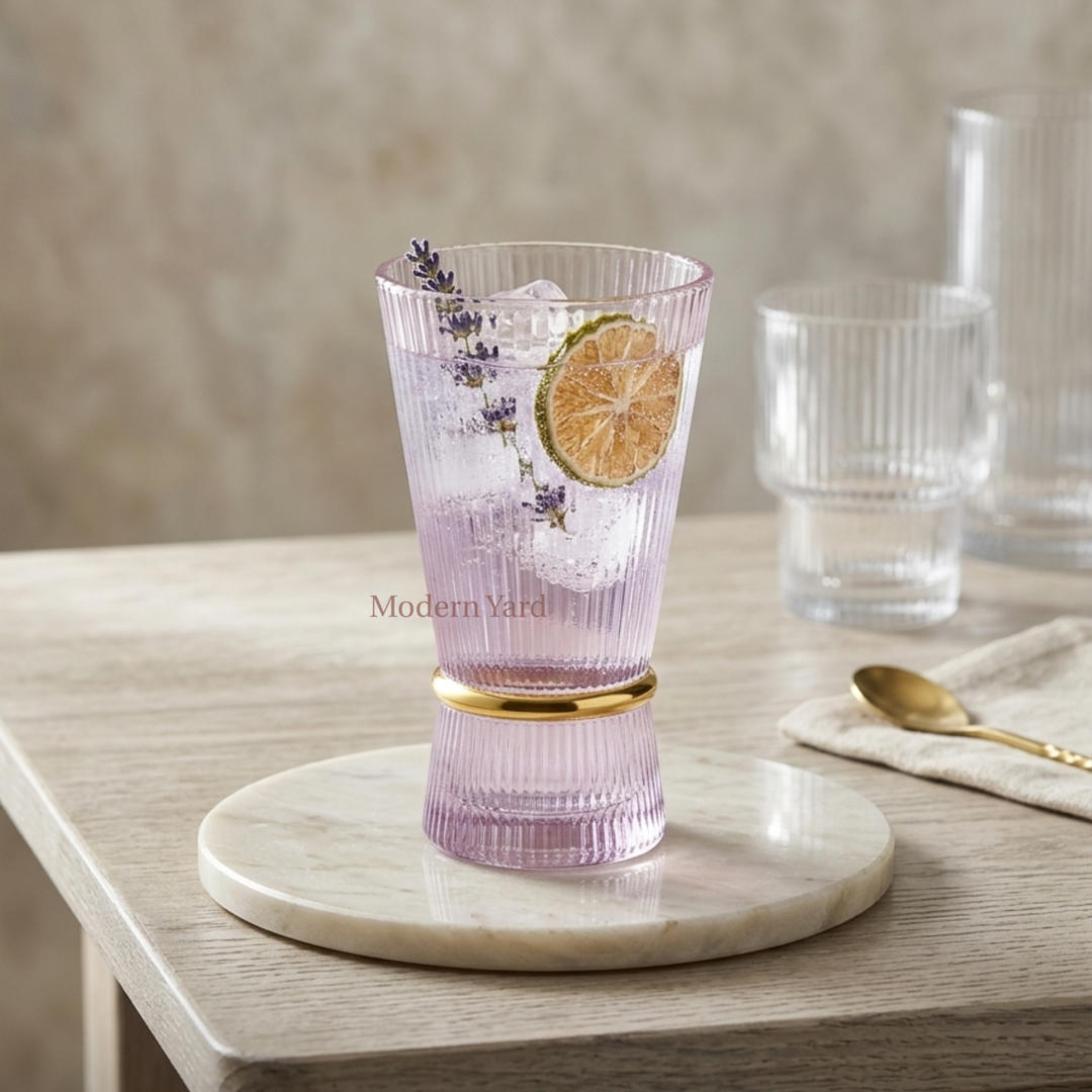 Korean Luxe Pink Ribbed Glass with Gold Ring held in hand – premium textured drinking glass by Modern Yard