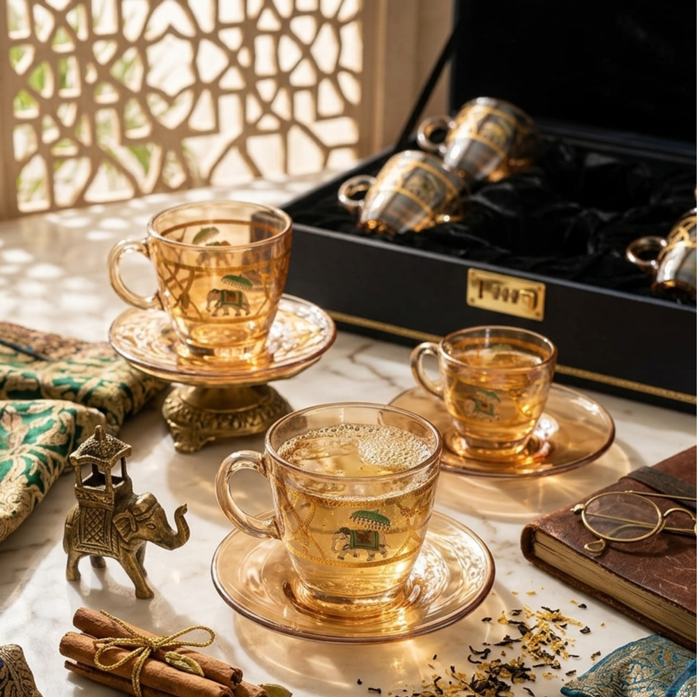 Luxury crystal tea cup and saucer featuring royal elephant design and gold detailing