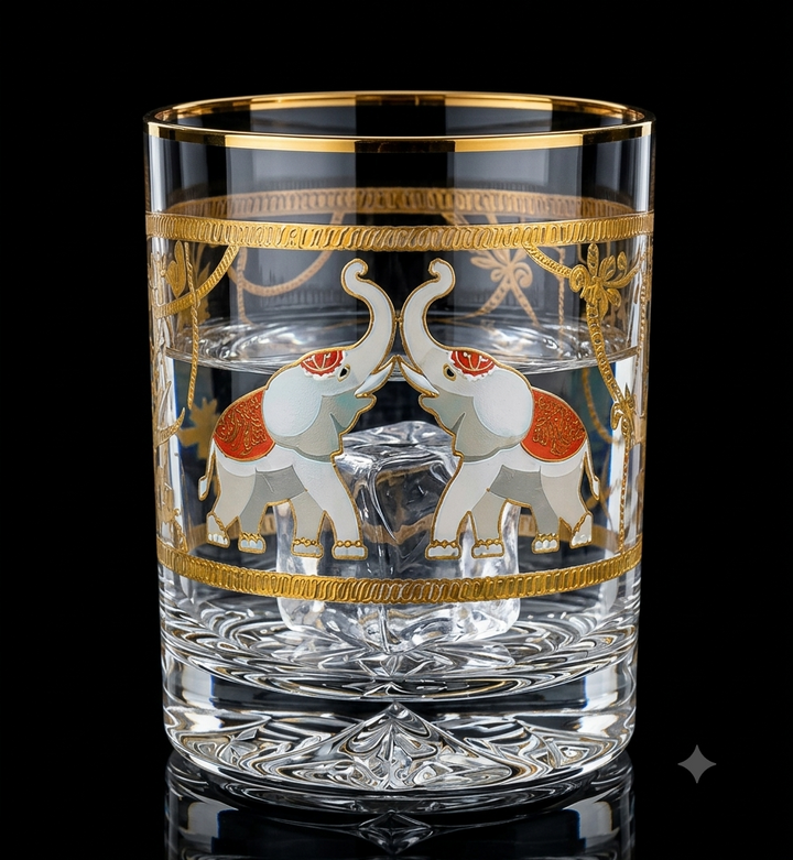 Crystal Maharaja Elephant Whiskey Glass - Gold Plated - Set of 6 (Leather Gift Box)